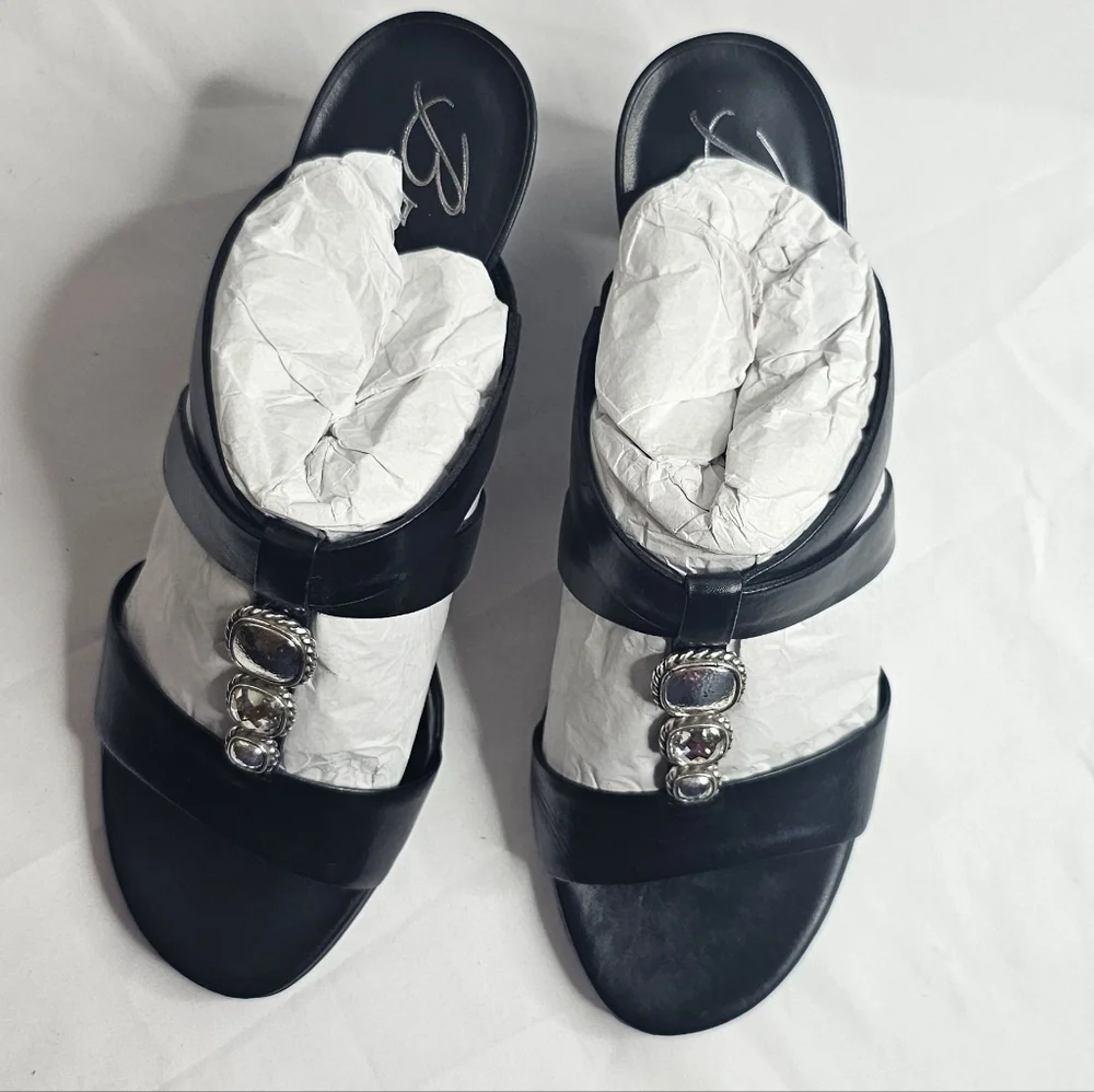 7 M Brighton Trista Shoes Slip-on Block Heels Sandals Black Leather Open Toe